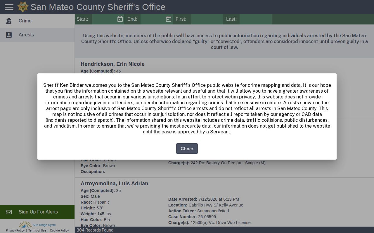San Mateo County 24 hour release Citizen RIMS arrest-only channel