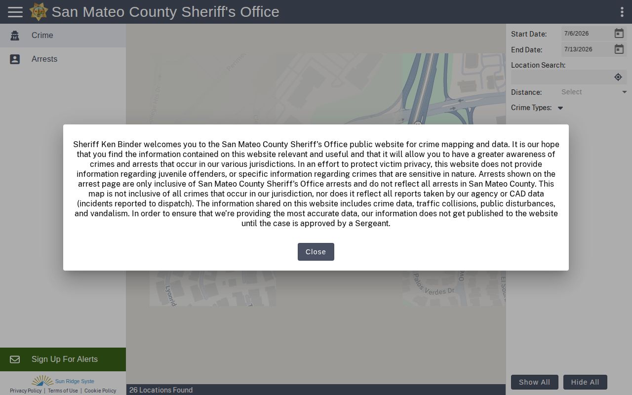 San Mateo County 24 hour release Citizen RIMS map entry point