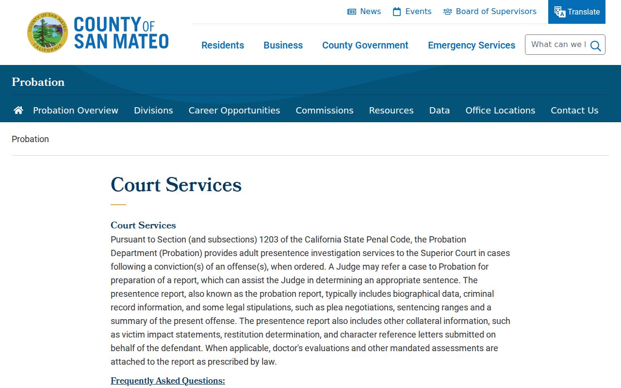 San Mateo County Transitional Housing Unit release court services path