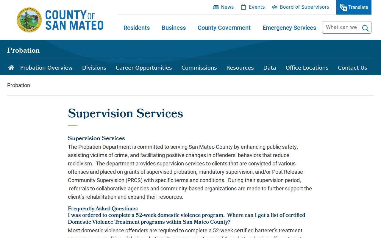 San Mateo County parole and probation supervision services page
