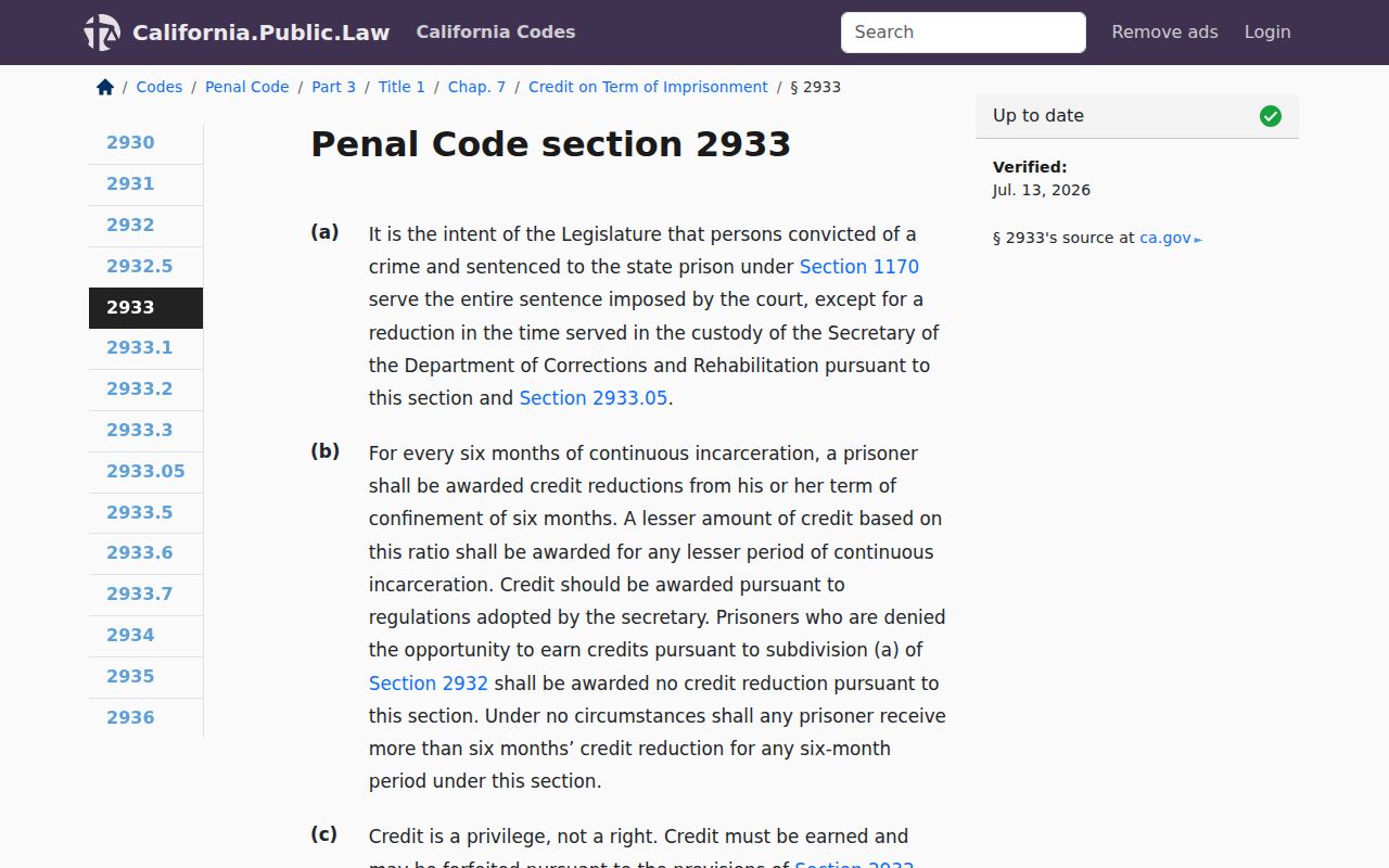 San Mateo County projected release date state prison worktime credit statute